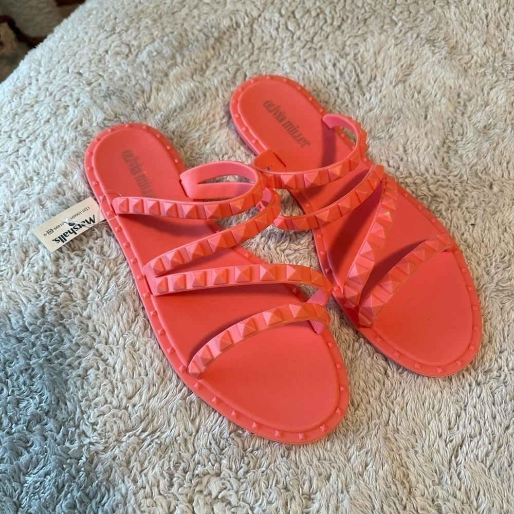 Olivia Miller Women's 9 Studded Jelly Slide Sandals Neon Coral Crossover Shoe